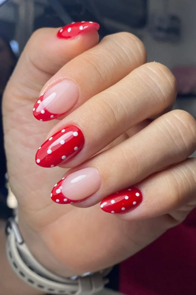 Red French Tip Almond Nails with Bow