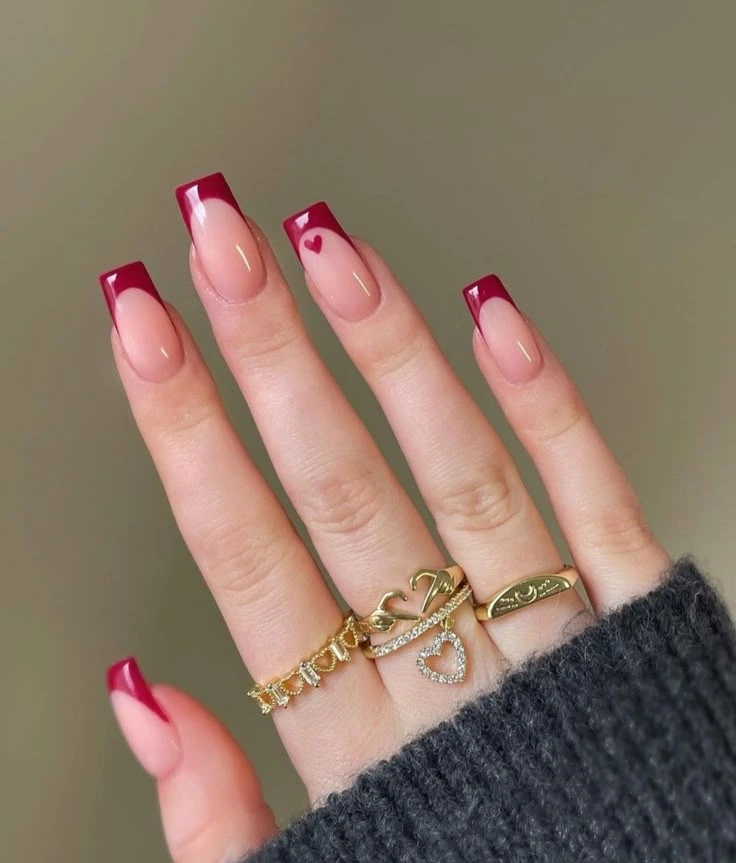 Red French Tip Nails Square With Design