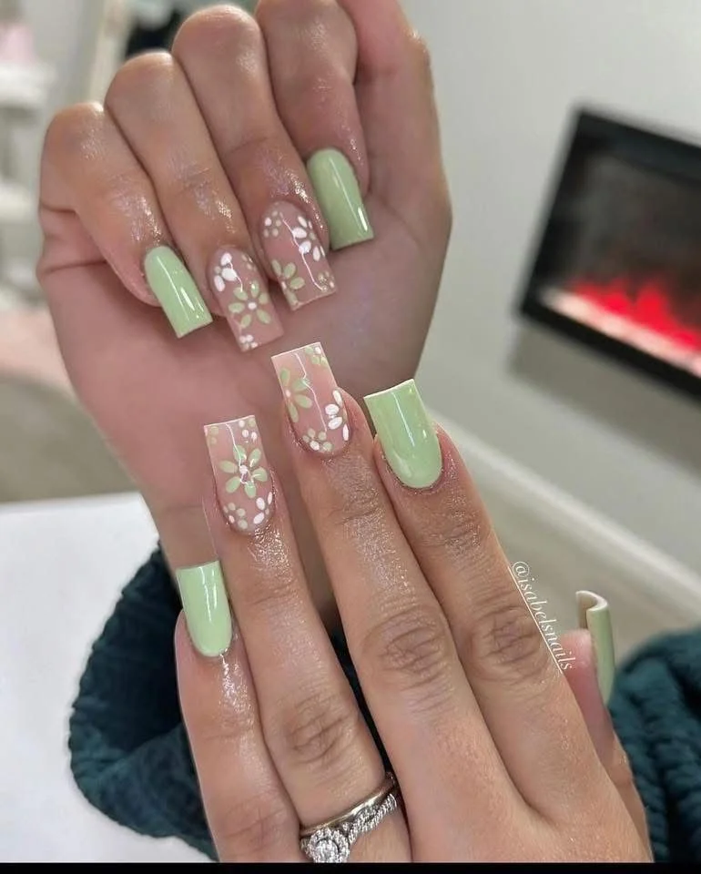 Sage Green Nails With White Flowers