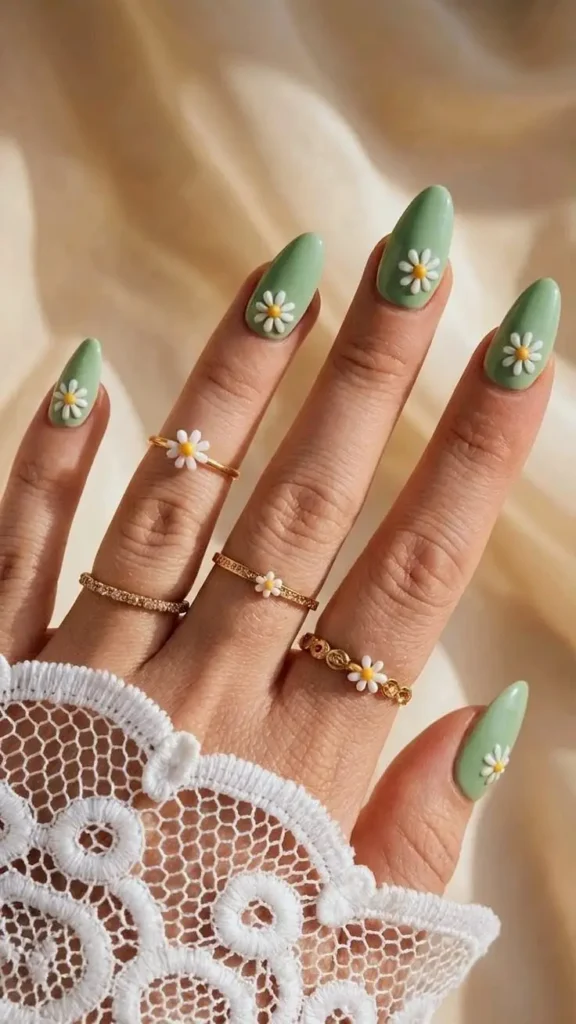 Sage Green Nails with Daisies
