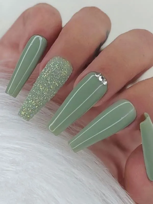 Sage Green Nails with Glitter