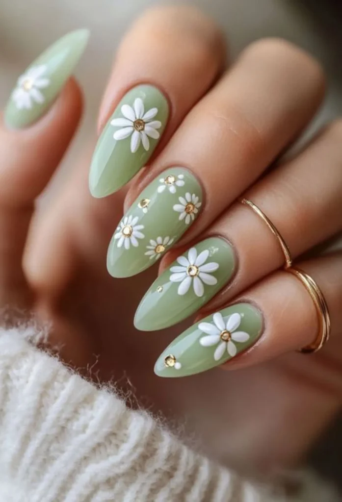 Sage Green Nails with White Flowers