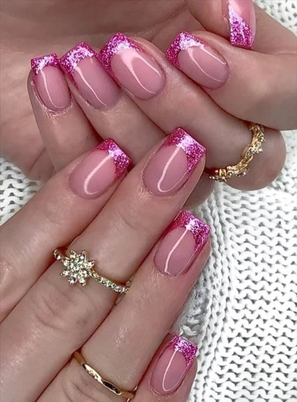 Short French Tip Nails with Glitter
