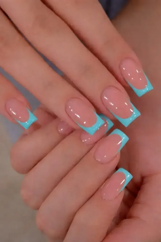 Teal French Tip Nails Short