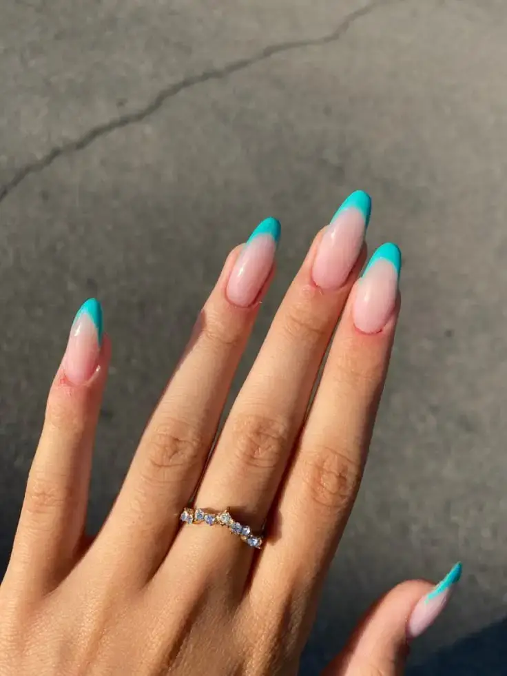 Turquoise French Tip Nails Almond Shape