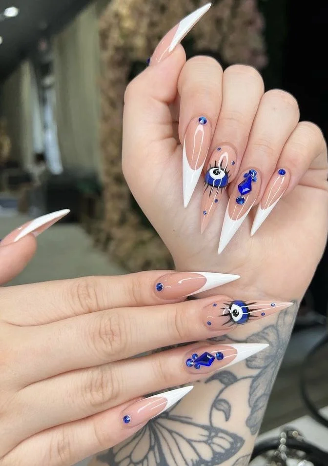 White Chrome French with Evil Eye Accent