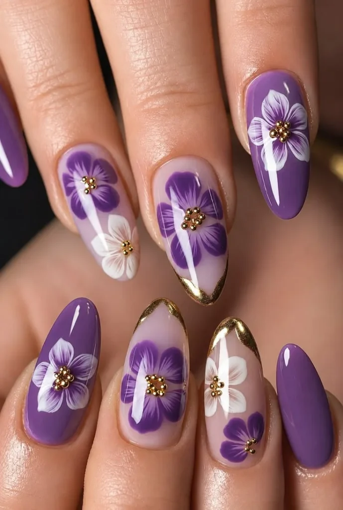 Purple Nails with Flowers